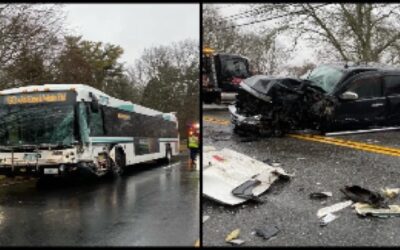 Choque entre autobús RIPTA y camioneta deja 3 heridos.